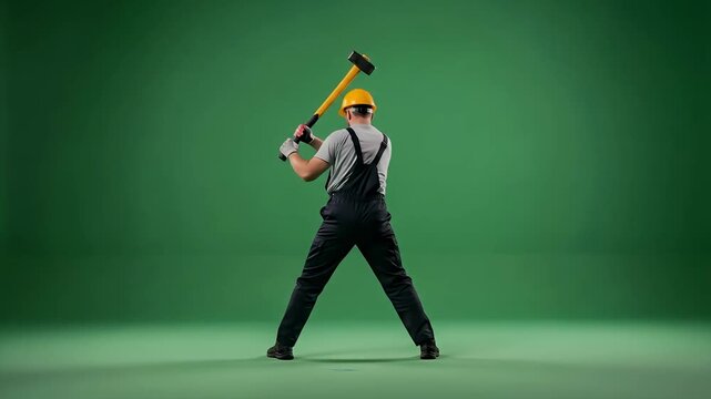 Worker powerfully swinging sledgehammer heavy demolition green screen