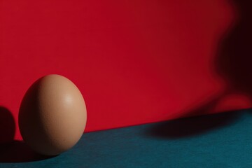 Single Egg Casting Shadow Against Red and Teal Background with Dramatic Lighting chicken egg isolated