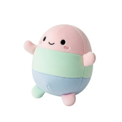 Obraz premium Cute round plush toy with pastel pink green and blue stripes and a happy smiling face.