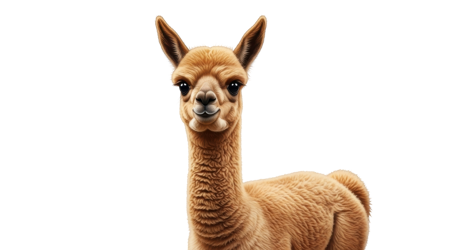 Isolated young fluffy llama or alpaca with big ears looking at camera, happy portrait