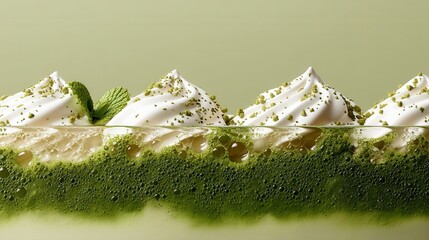 Creamy matcha green tea latte with whipped cream topping and fresh mint garnish against a solid green background