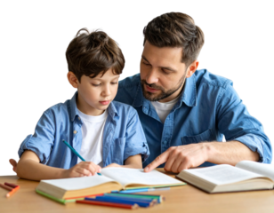 Papa aidant son enfant à faire ses devoirs à table