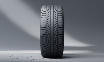 A close-up studio shot of a new black tire against a plain gray background
