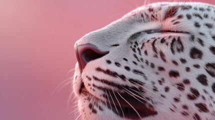 Extreme close up of a serene snow leopard's face with closed eyes showing detailed fur and whiskers against a soft pink background