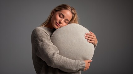 Serene blonde woman in a cozy sweater hugging a soft round pillow with her eyes closed in a peaceful moment of comfort and relaxation against a gray studio background