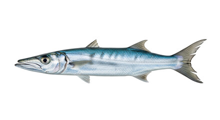 Isolated predatory barracuda fish, silver with dark blue back, dangerous ocean wildlife