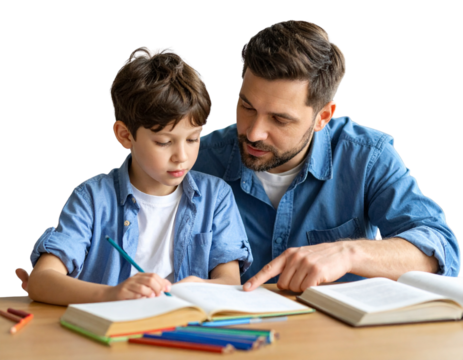 Papa aidant son enfant à faire ses devoirs à table