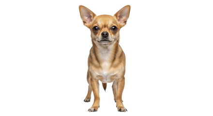 Isolated, cute Chihuahua standing alert with perked ears, a small tan dog alone and looking at camera