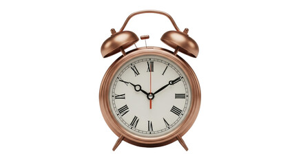 Isolated rose gold alarm clock, analog time display, antique reminder, retro wake-up call