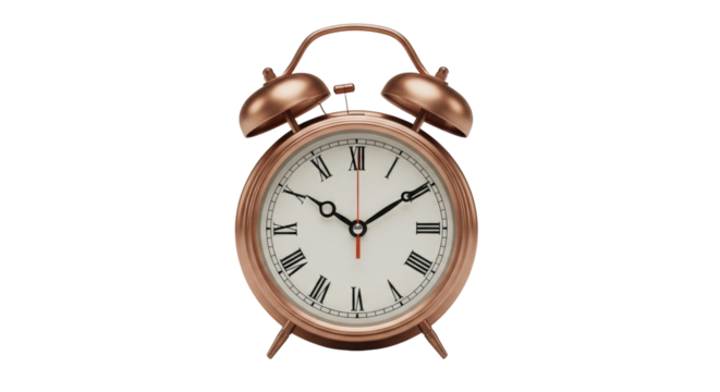 Isolated rose gold alarm clock, analog time display, antique reminder, retro wake-up call