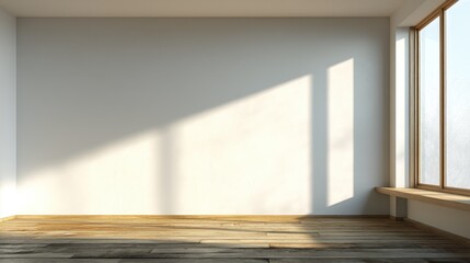 Empty room interior with large window and sunlight casting shadows on a blank white wall and rustic wooden floor