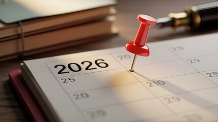 Calendar for the year 2026, with a pushpin marking a date.