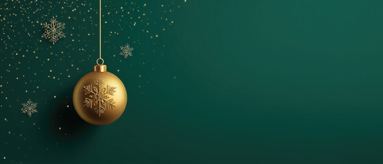 Golden ornament ball with snowflakes on green background