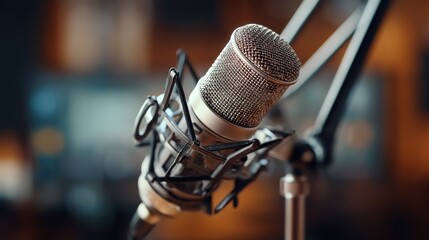 Professional condenser microphone in a recording studio for broadcasting or podcasting with a blurred background