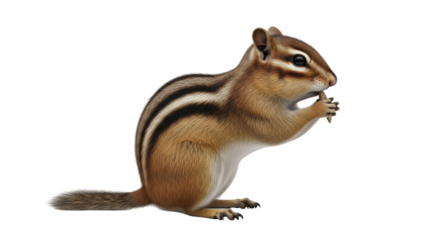 Isolated Striped Chipmunk Eating in Studio, Wildlife Rodent, Brown Fur Animal, Nature Fauna