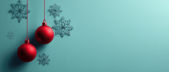 Red Christmas balls with snowflakes on blue background
