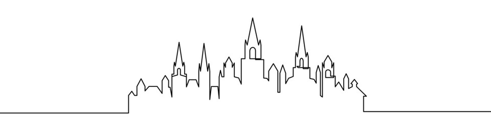 Castle wall in one line art style. Castle drawing with editable black stroke on white background. Vector illustration.