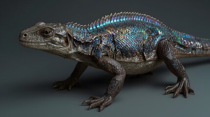 Naklejka premium A striking studio shot of a lizard or iguana with a spiky crest and scales that display an intense blue-green-purple iridescent shimmer against a dark grey background