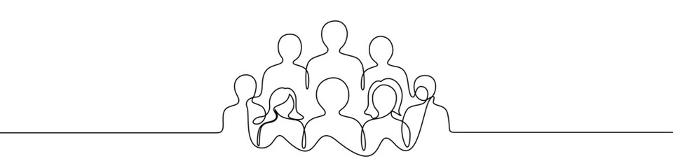 Group of people in one line art style. People drawing with editable black stroke on white background. Vector illustration. © chekman