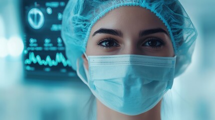 A close-up of a healthcare professional in surgical attire, wearing a mask and cap, with medical equipment visible in the background.