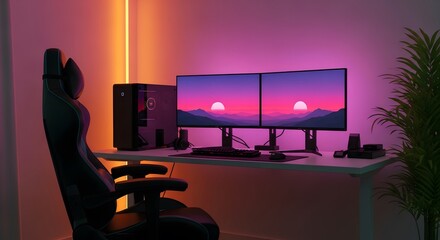 A modern gaming setup with dual monitors displaying a vibrant sunset landscape, illuminated by ambient purple and orange lighting, featuring a black gaming chair and a desktop computer