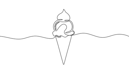 Ice cream in one line art style. Ice cream cone drawing with editable black stroke on a white background. Vector illustration.