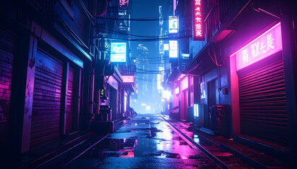 Cyberpunk alley at night, neon lights, cinematic perspective