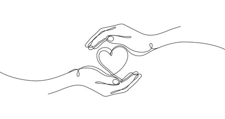 Hands holding a heart in one line art style. Drawing of hands and heart with editable black stroke on a white background. Vector illustration. © chekman