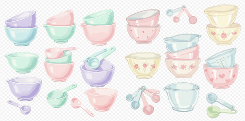 Watercolor illustration of pastel colored mixing bowls and measuring spoons.