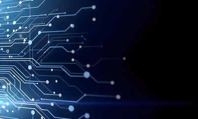 Abstract blue circuit board with binary code on a dark background, futuristic technology concept, glowing lines and circles, minimalist design
