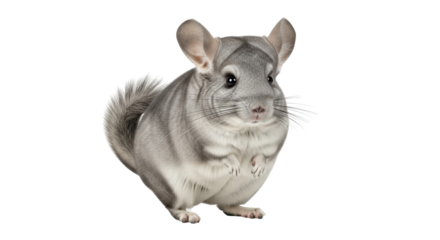 Isolated fluffy gray Chinchilla with long whiskers and big ears sitting quietly posing