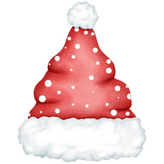Watercolor painting of a traditional Santa hat in red with white trim