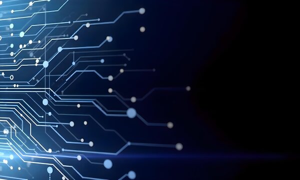 Abstract blue circuit board with binary code on a dark background, futuristic technology concept, glowing lines and circles, minimalist design