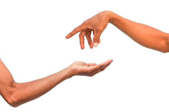 Conceptual image of two hands reaching out, connection and exchange isolated on white background