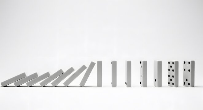 A row of white dominoes, some falling and some standing, on a clean white background.
