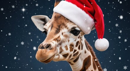 A festive giraffe wearing a Santa hat amid falling snowflakes. Its expressive face and large eyes create a whimsical holiday scene.