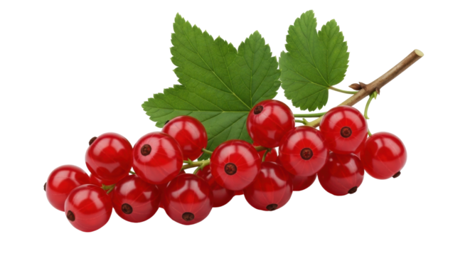 Isolated shiny red currant berries hanging on a twig with green leaves, vitamin source