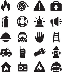 Set of black firefighter and emergency safety icons including fire hydrant, helmet, ladder, extinguisher, siren, gloves, and rescue symbols. Ideal for safety, hazard, and emergency projects.
