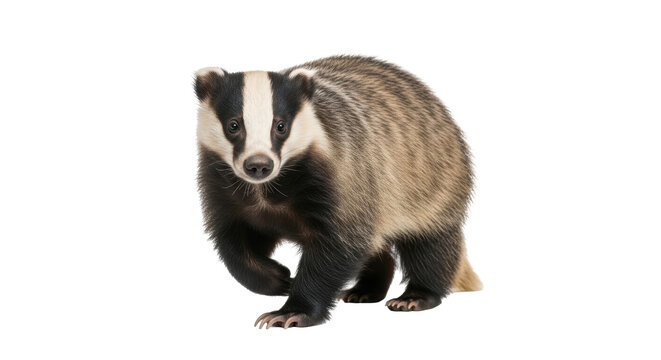 Isolated Badger, a small furry mammal of the family Mustelidae walking towards the camera