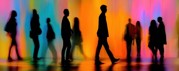 A vibrant silhouette scene of people walking against a colorful, abstract background, conveying movement and a dynamic atmosphere.