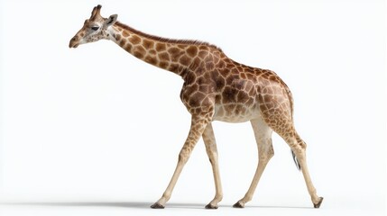 Obraz premium Giraffe walking gracefully in a clean, white background, showcasing its unique features and height