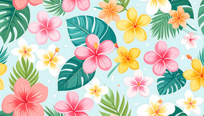 Seamless pattern of tropical flowers, pastel colors