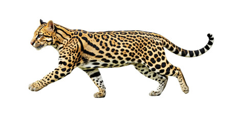 Isolated Ocelot prowling carefully, beautifully patterned wild animal without background