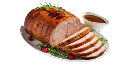 Roasted pork loin with gravy cranberries and rosemary on white plate on transparent background