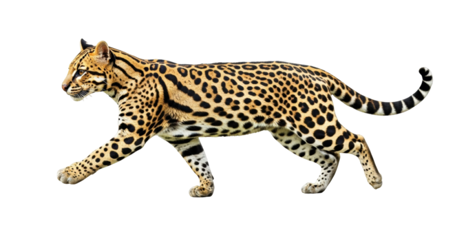 Isolated Ocelot prowling carefully, beautifully patterned wild animal without background