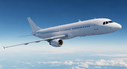 Fototapeta premium A white passenger jet soars through the azure sky, its sleek design suggesting a mid-sized plane capable of domestic or short-haul international flights, with wispy clouds visible below.