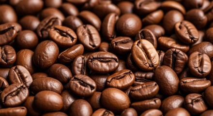 Obraz premium Close-up of rich, dark brown roasted coffee beans with a shiny, oily appearance, arranged in a scattered pattern.