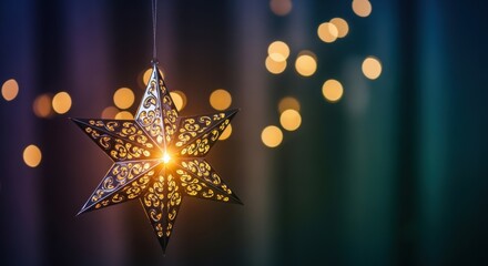 A glowing star-shaped lantern hanging in a dark environment with twinkling bokeh lights in the background, creating a magical and festive atmosphere.