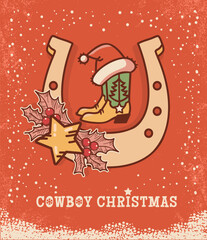 Cowboy Christmas vintage card on red illustration. Vector Cowboy boots and Santa hat on snow background. Featuring beautifully designed horseshoe filled with holly berry decor on old paper snow