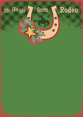 Cowboy Christmas card background with cowboy riding wild horse and horseshoe decor. Featuring rustic red and green color background card for anyone looking to celebrate a cozy, country-inspired 